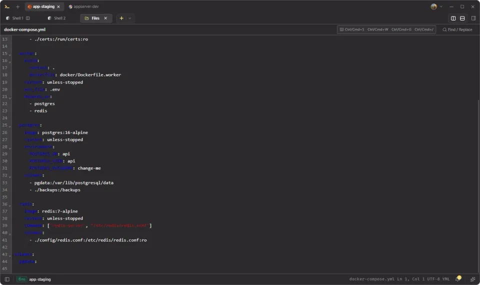 In-app editor open on docker-compose.yml on a remote host.