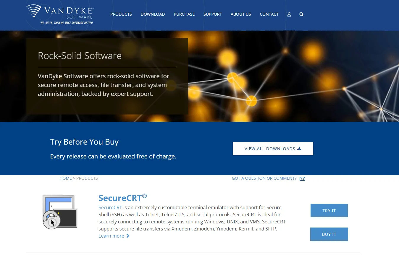 VanDyke Software website showing its SecureCRT product overview