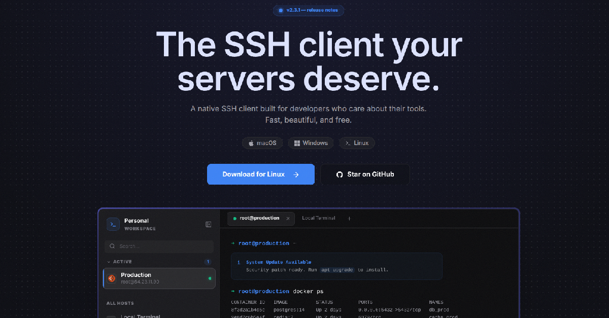 Open-source SSH workspace for local terminals and remote servers logo